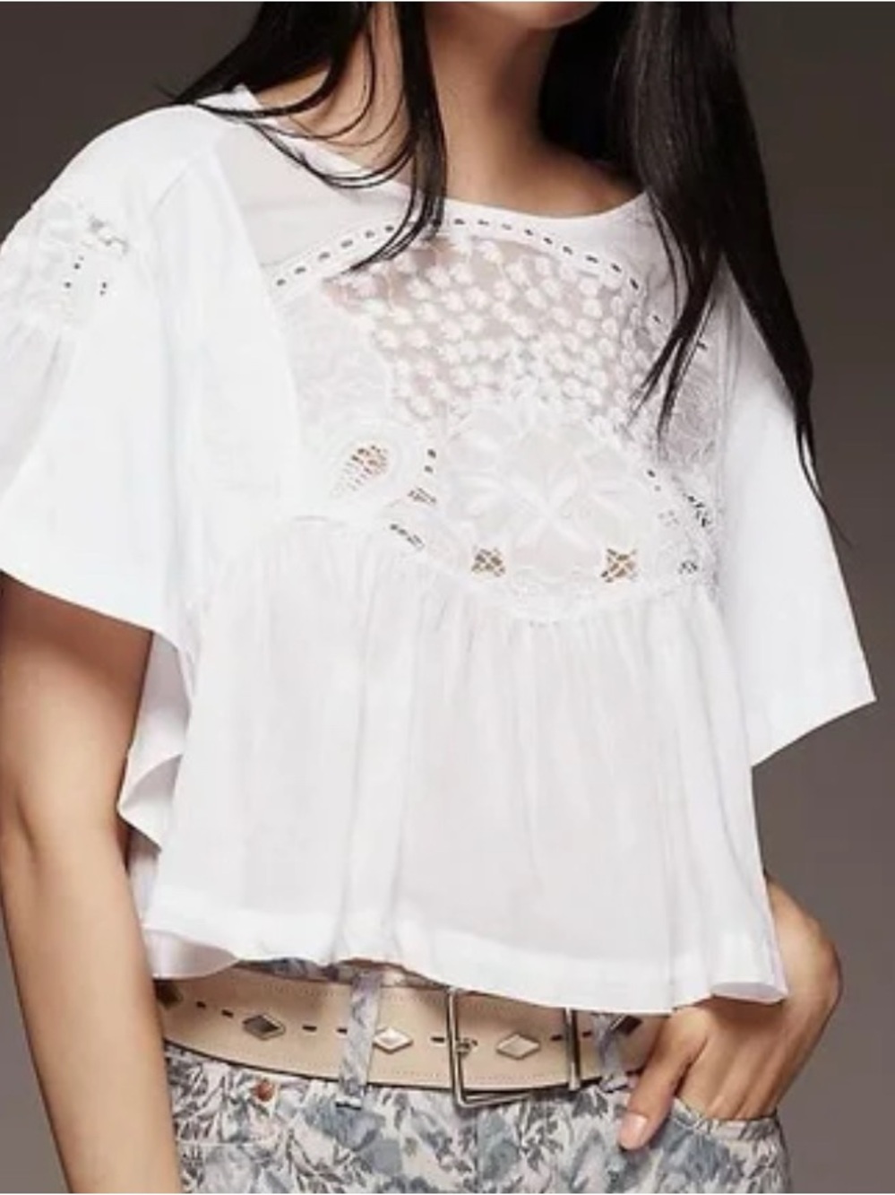 White Anthropologie Maeve short-sleeve embellished swing top.